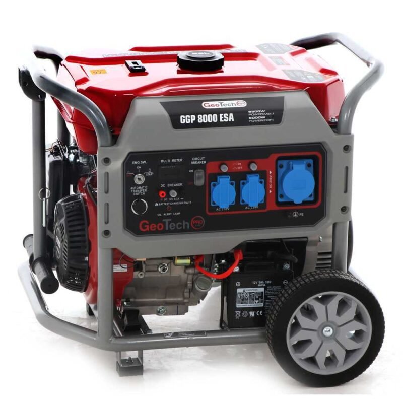 GeoTech Pro GGP 8000 ESA - Benzin-Stromerzeuger mit Rädern und AVR-Regelung und Elektrostarter 6.5 kW - Dauerleistung 6 kW - 230V